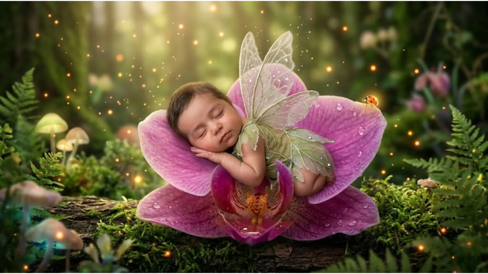 AI-generated baby dressed as a tiny fairy sitting inside a blooming flower in an enchanted forest with glowing particles